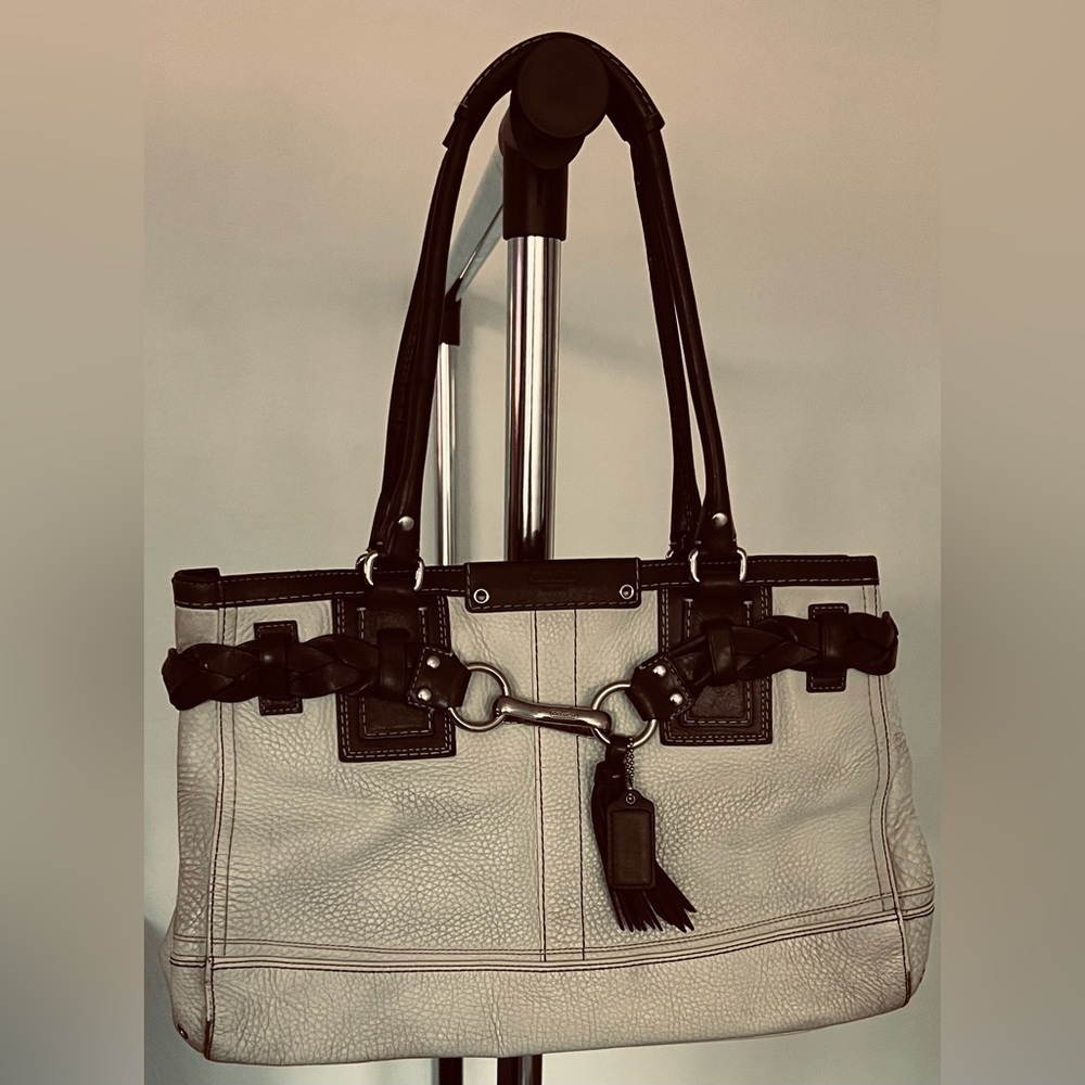 Coach Beige & Brown Leather Hamptons Braided Satchel